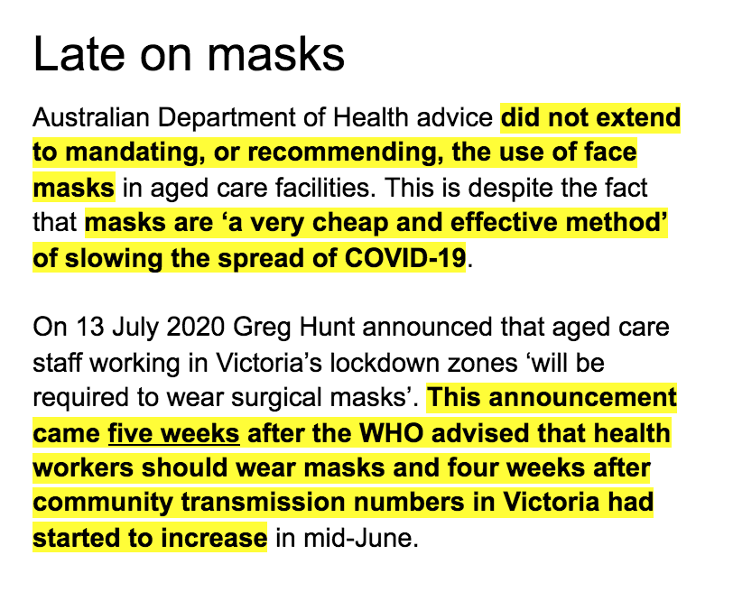 Worryingly, the report states the federal government delayed staff use of masks in homes by 5 weeks after the WHO advised masks should be worn by staff, as cases were rapidly mounting.