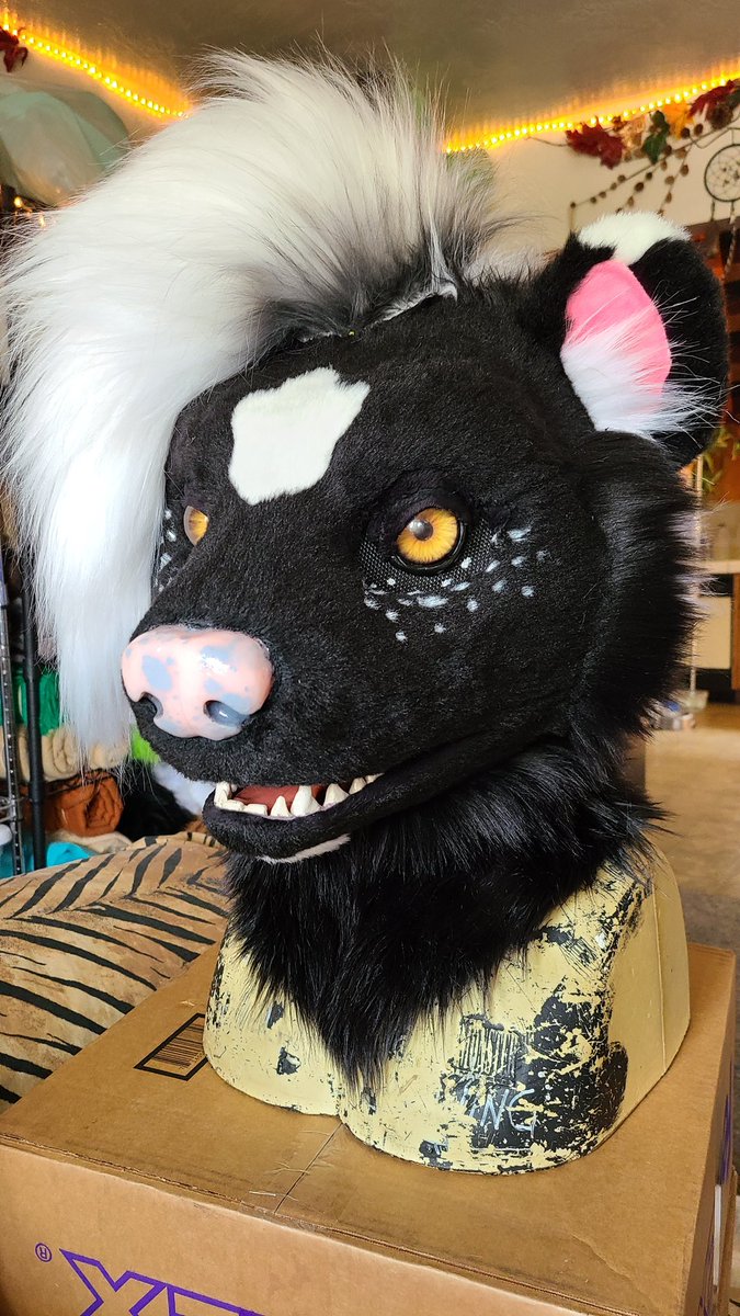 WolfSkin_Studio's tweet photo. Some wips of this skunk suit as well, still needs painted in the ears, hair tips painted and sewn in, top teeth and piercings 🦨🦨 https://t.co/p9wMS7YoET