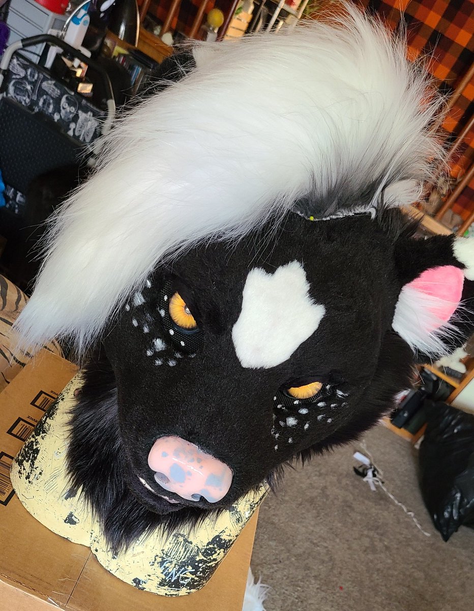 WolfSkin_Studio's tweet photo. Some wips of this skunk suit as well, still needs painted in the ears, hair tips painted and sewn in, top teeth and piercings 🦨🦨 https://t.co/p9wMS7YoET