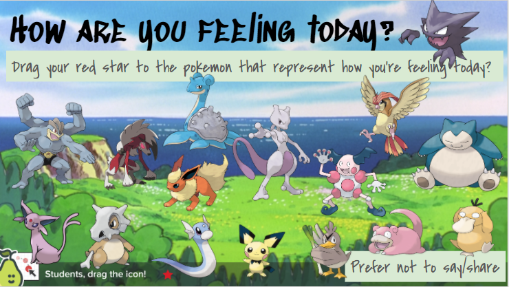 skyfraction's tweet photo. @teacher2teacher I am using @PearDeck &amp; @GoogleForEdu Slides to check in with my students. Ss identify the pokemon that relates to how they're currently feeling each class at the beginning of the class. I also include the option of "Prefer not to say/share." @kat_goyette #EdCampOCLA https://t.co/NzhjFpjL89