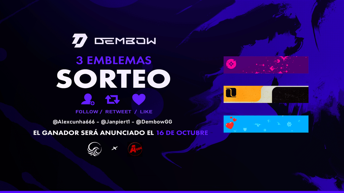 Alexcunha666's tweet photo. 📢¡NUEVO SORTEO!

⚡️Para participar:

🔷Like a la publicación
🔷RT a la publicación
🔷Follow @Janpiert1
🔷Follow @Alexcunha666
🔷Follow @DembowGG https://t.co/IMckK0tcDE