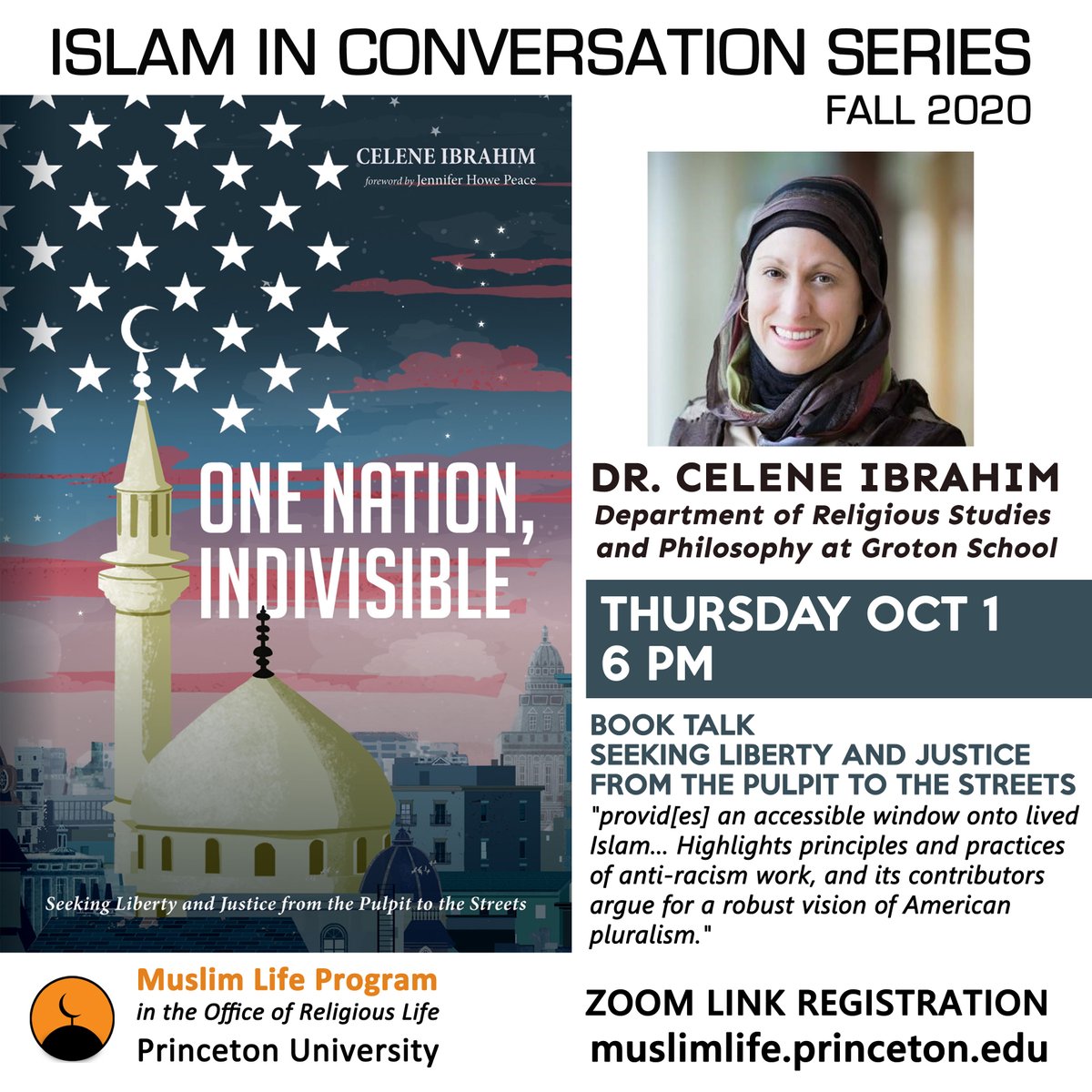Tonight/Thursday 6 PM!
REGISTER: princeton.zoom.us/meeting/regist…

Book Talk: One Nation, Indivisible: Seeking Liberty and Justice from the Pulpit to the Streets with <a href="/DrCeleneIbrahim/">Celene Ibrahim</a>, Hosted by <a href="/PrincetonMLP/">PrincetonMLP</a>