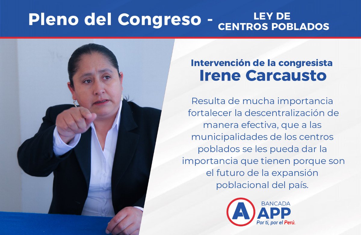 BancadaAPP's tweet photo. #SesiónDePleno debate del Proyecto de Ley de Centros Poblados. Intervención de nuestro Congresista Irene Carcausto 👇 https://t.co/Azr707sdro