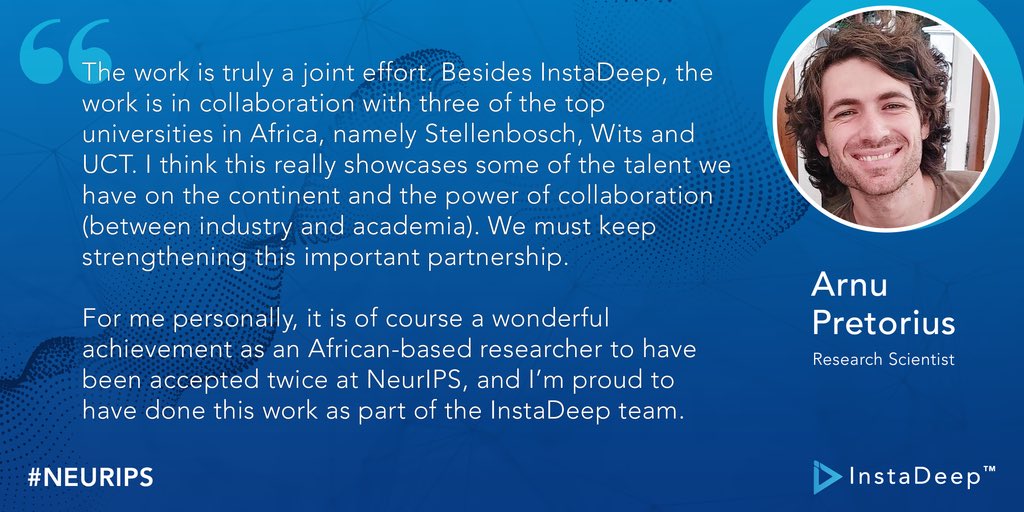 instadeepai's tweet photo. Congrats to @ArnuPretorius from our AI research team in #SouthAfrica 🇿🇦 and @StellenboschUni for his latest work, which makes him the only African-based researcher to have two first-authored papers accepted at NeurIPS! To learn more: https://t.co/5cKUatSD98 #NeurIPS #AI #Africa https://t.co/q7hQWIh7Uf