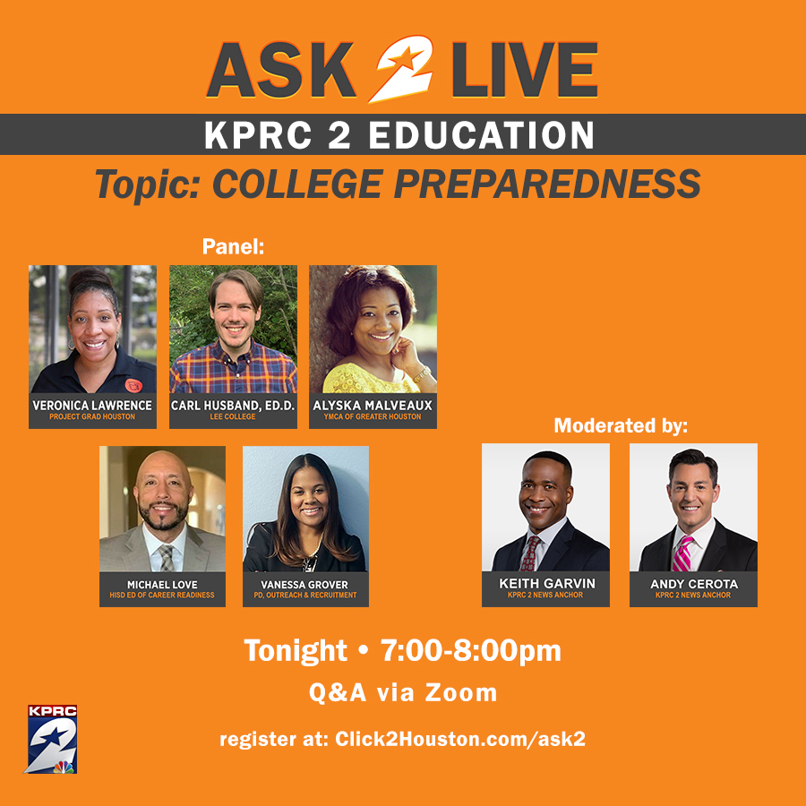 KPRC2's tweet photo. Join us TONIGHT at 7.p.m. If you or a loved one are heading to college soon, here's your chance to get answers from the experts.📚 @PGRADHouston, @leecollege, @WeAreHCCS, @HoustonISD and @YMCAHouston. https://t.co/UiahGboXQt #KPRC2 #Ask2 https://t.co/ocuVX6raU3