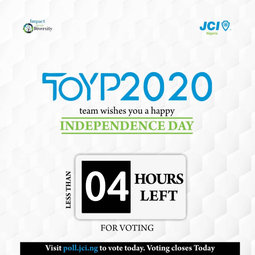 jci_nigeria's tweet photo. Happy Independence day celebration and don't forget to choose your winner today!!!
So hurry now and vote in the JCI Nigeria Ten Outstanding Young Persons (JCIN TOYP) 2020.
Visit https://t.co/QTKowBi8kh to vote tonight.
Voting closes midnight.
#JCINTOYP2020
#JCINigeria https://t.co/pjBRW9QYyf