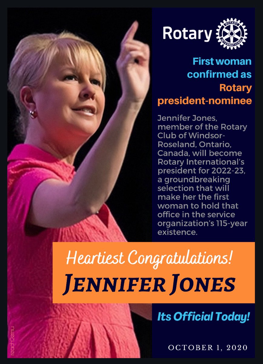 reach2emu's tweet photo. Heartiest Congratulations!
First woman confirmed as Rotary president-nominee @JenJonesWindsor 

(October 1,  2020) Jennifer Jones, member of the Rotary Club of Windsor-Roseland, Ontario, Canada, will become Rotary International’s president for 2022-23
https://t.co/4jkGMyePDE https://t.co/KQE4NNfSNo