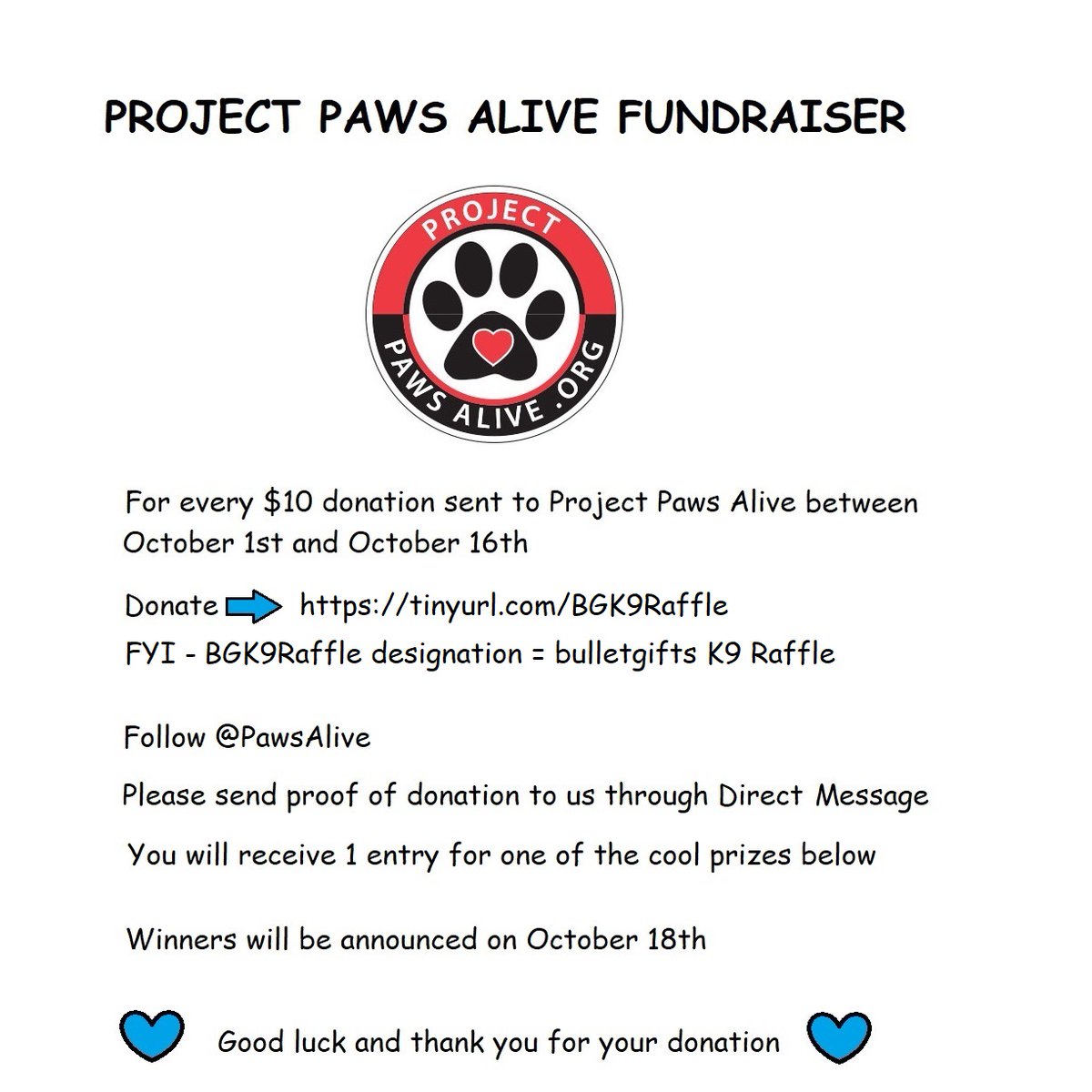 catmom_kathy's tweet image. K9 Fundraiser for @PawsAlive

Donate➡️ tinyurl.com/BGK9Raffle

To enter raffle

1⃣ Donate on Oct 1 - Oct 16
2⃣ Follow @PawsAlive
3⃣ Like &amp;amp; Retweet this tweet
4⃣ Message copy of receipt to @bulletgifts

1 entry for every $10 donation⤵️

Winners announced Oct 18

#K9ArmyStrong #K9