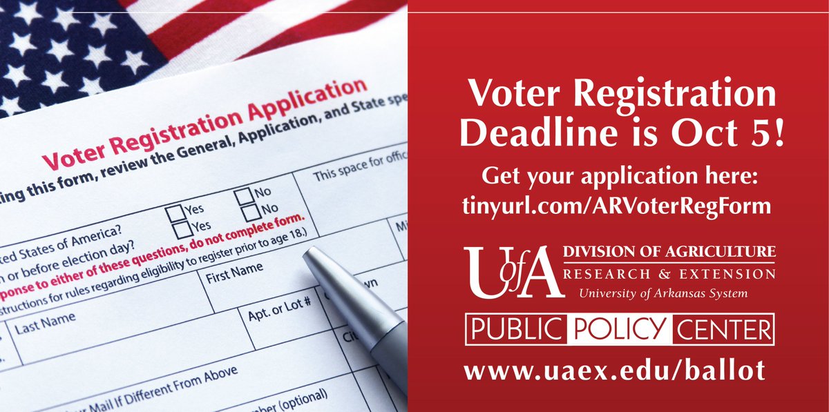 countyagentgal's tweet photo. Arkansans – Oct. 5 is the deadline to register to vote in the November General Election. Find your form online at https://t.co/27DOYYJSoh or pick up at county clerk, library, DMV, Revenue Office, disability agency or military recruitment office #ARballot @AginArk #Arkansas #Vote https://t.co/DdNO4IfOqX