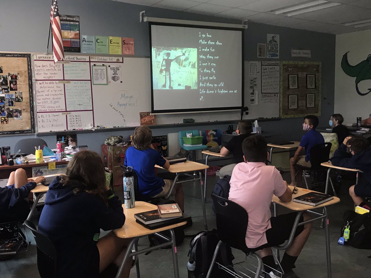 StormGroveFever's tweet photo. Students learn about Maya Angelou and listen to the poem “Life Doesn’t Frighten Me” with illustrations by Haitian American artist Jean-Michael Basquiat then discuss in groups @IRCSchools @SDIRC_SUP @SDIRC_myhre @Bass_SDIRC https://t.co/0NhINTbenO