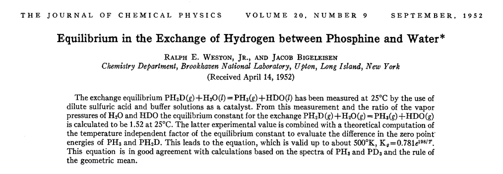 This corresponds to a PH2D/PH3 ratio of 0.63 or 4050 times terrestrial ocean water. The authors cite a 1952 paper reporting an equilibrium constant for phosphine-water isotope exchange of 1.5 and conclude that the PH3/PH2D ratio is consistent with this. But ...5/8