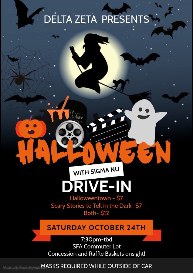 We’re excited to help the ladies of <a href="/SFASU_DZ/">DELTA ZETA</a> with a drive-in on October 24! Link for tickets here: dz.crowdchange.co/15277/page/217…