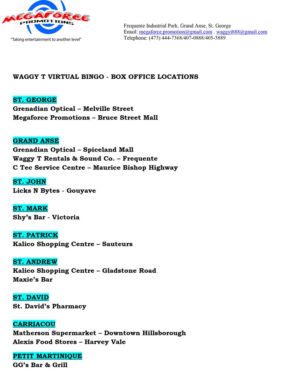 MegaforcePromo's tweet image. Waggy T Virtual Bingo authorized box office location in Grenada