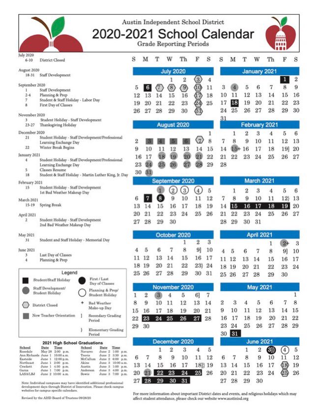 Good To Know! The @AustinISD Board of Trustees approved an update to the 2020-21 calendar which changes the Oct. 12 student holiday to Election Day, Nov. 3. ***Please plan to be in attendance (whether in person or remote) on Oct. 12, and plan to keep your child home Nov. 3.***