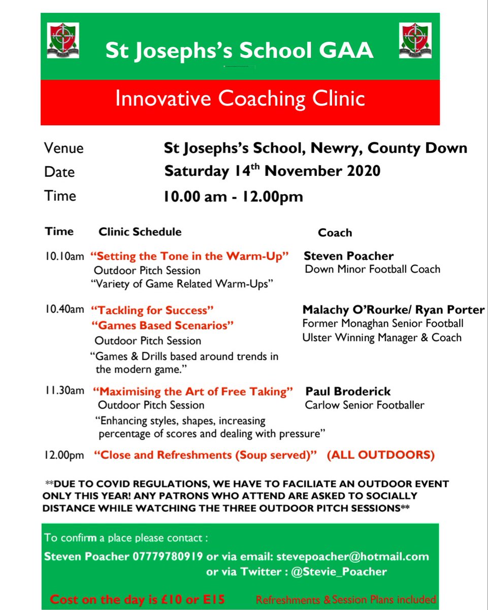🚨🚨Breaking News 🚨🚨 St Joseph's Newry Coaching Clinic 📅 Saturday 14th November 🏟️ St Joseph's School Newry ⌚10am to 12pm 💷 £10 or E15 Now in its 12th year, event has grown from strength to strength another fantastic day of learning ahead! #CoachEducation #AlwaysLearning