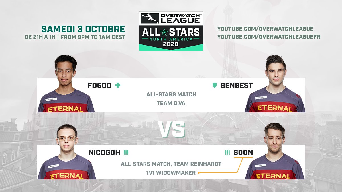 VegasEternal's tweet image. Le grand jour est arrivé  ✨
Rendez-vous ce soir à partir de 21h pour les All-Stars Amérique du Nord !

Book your night for the All-Stars NA! Action will start at 9PM CEST.

@FDGod_OW &amp;amp; @BenBest_Ow - Team D.Va
@NiCOgdh &amp;amp; @SoOn99  - Team Reinhardt
#FiatLux