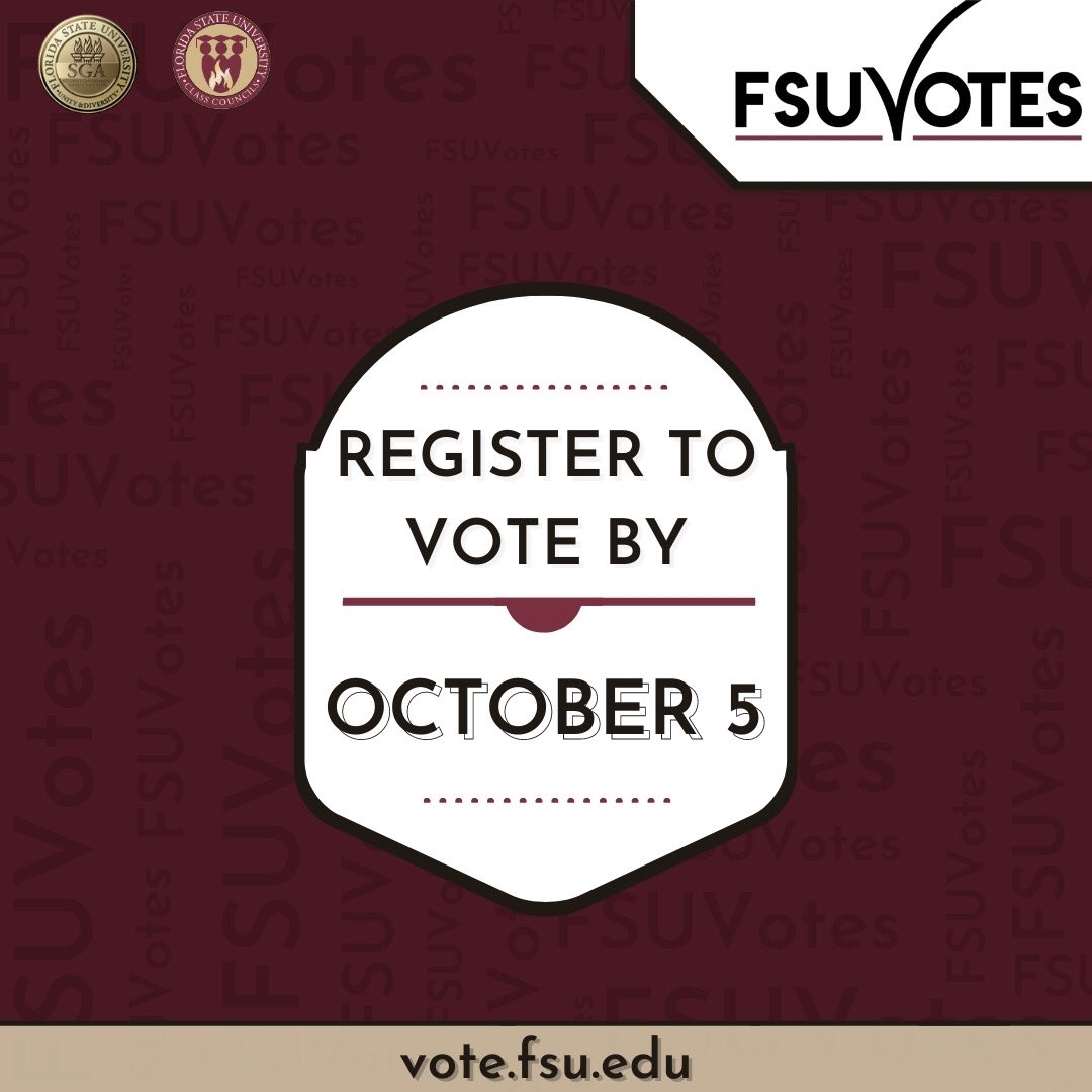 FSUClassCouncil's tweet photo. Your vote matters! Join Class Council as we kick off our campaign to encourage students to register to vote by Oct. 5th! #FSUVotes 🗳 https://t.co/DGwPMSVNYI