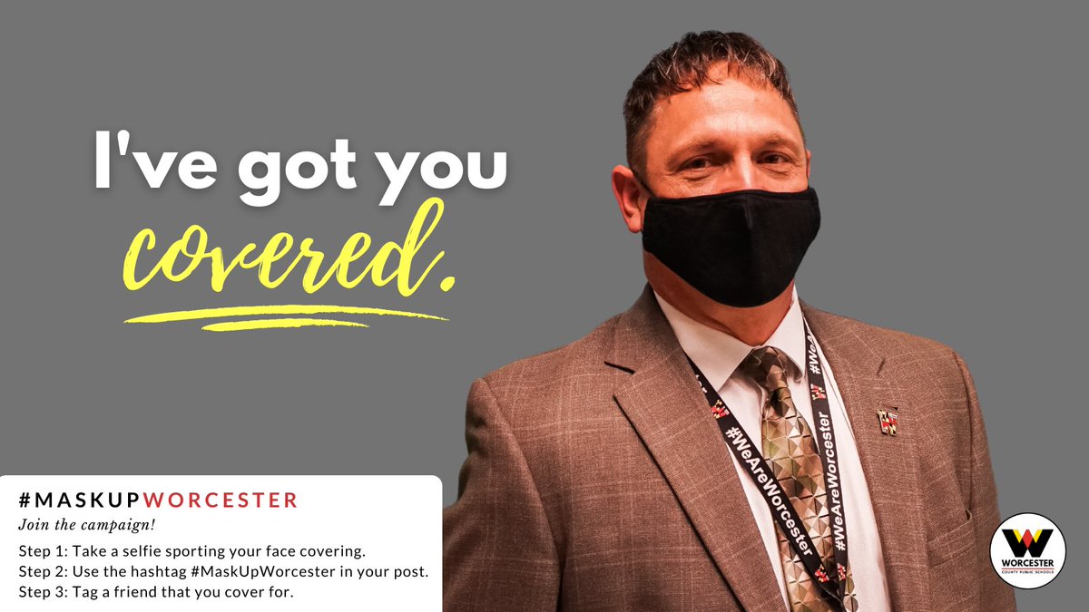 WorcesterSystem's tweet photo. Chief Safety & Human Relations Officer Dr. Dwayne Abt has @WorcesterCounty and @WorcesterSystem covered!
Join our #MaskUpWorcester campaign! Snap a selfie sporting your face covering, tag a friend who you cover for, & post it to your social using the hashtag #MaskUpWorcester. https://t.co/RwHZiTNT5M