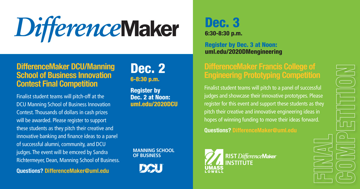 DifferenceMaker® (@difference_uml) on Twitter photo Applications for the <a href="/DCUcreditunion/">DCU</a> / <a href="/ManningUML/">Manning School of Business</a> Innovation Contest and the <a href="/UMLEngineering/">UMLEngineering</a> Prototyping Competition are open!
If you have an idea for a product, service, or prototype, please apply! Many opportunities to win cash funding!
Apply here: uml.edu/collegecompeti… Applications for the <a href="/DCUcreditunion/">DCU</a> / <a href="/ManningUML/">Manning School of Business</a> Innovation Contest and the <a href="/UMLEngineering/">UMLEngineering</a> Prototyping Competition are open!
If you have an idea for a product, service, or prototype, please apply! Many opportunities to win cash funding!
Apply here: uml.edu/collegecompeti…