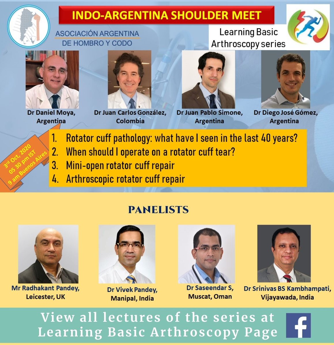 aaLink to live youtube stream: youtu.be/9EZ5ODTJYUA
Please join us for the Indo-Argentina Shoulder Meet on  ROTATOR CUFF TEARS by Dr Daniel Moya and team!