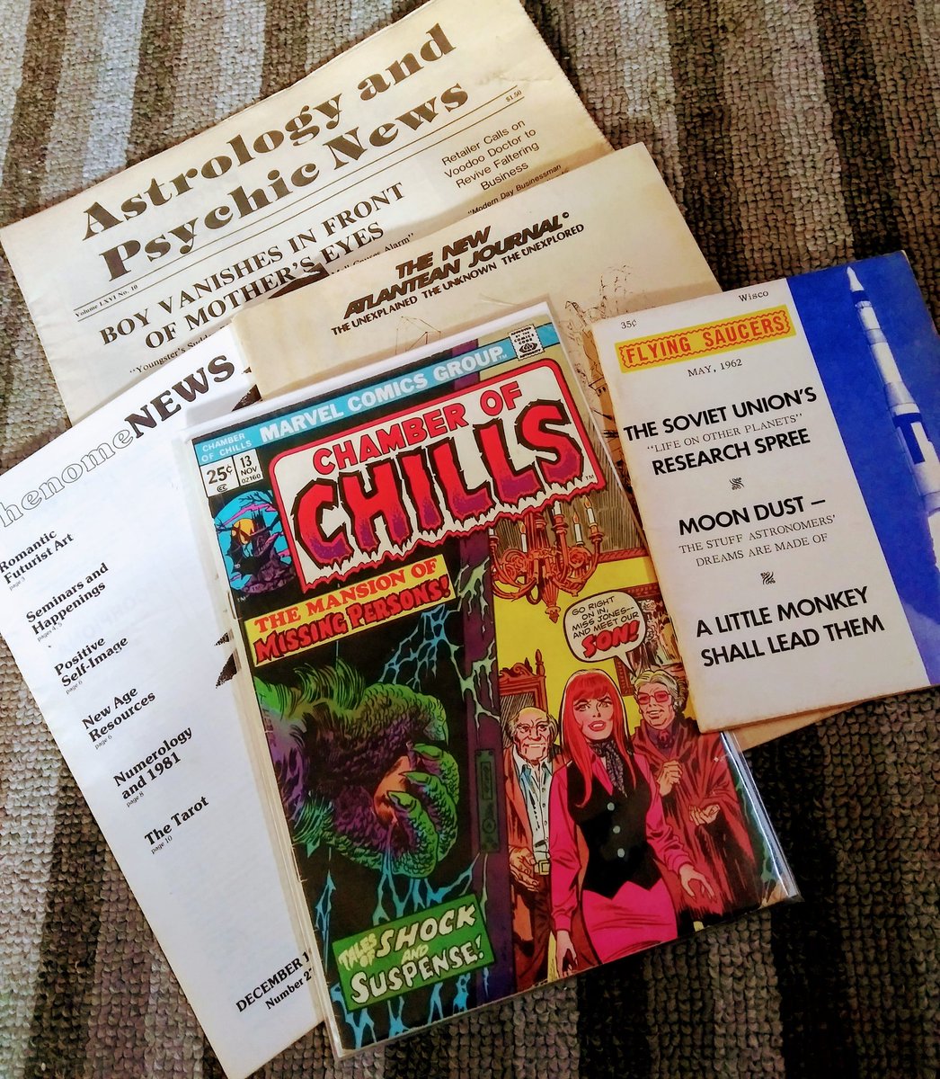 JohnELTenney's tweet photo. Win this crap!
Phenomenews (1980), Flying Saucers Magazine (1962), Astrology and Psychic News (1990?) The New Atlantean Journal (1983) AND a copy of Chamber of Chills (1974)!
Just "Like" and/or retweet for a chance to win all of these! Winner selected Saturday.
DO IT! https://t.co/WVPgmbujJR