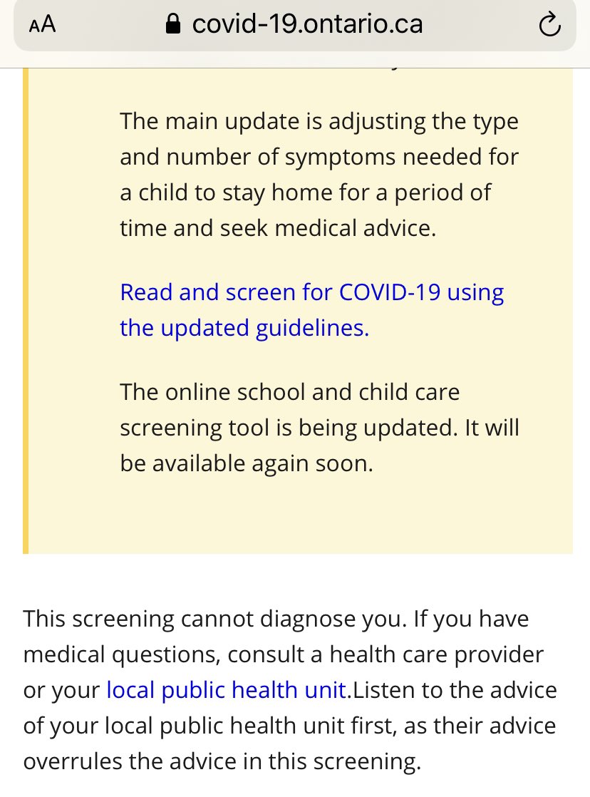 So now this is what the daily screening tool looks like after today’s provincial CMOH presser repeating “trust your parental medical judgement” narrative