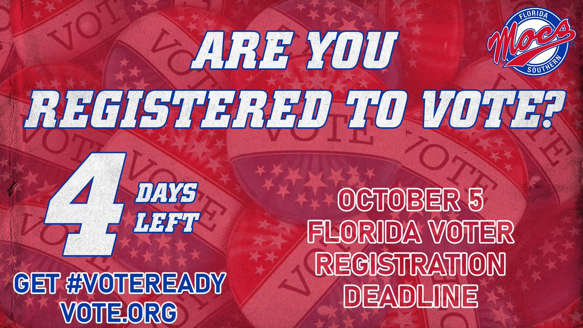 Florida Southern Mocs (@fsc_mocs) on Twitter photo Florida voter registration deadline is October 5th, just FOUR days away!
Get #VoteReady by registering at Vote.org
Not from Florida? Find your state's deadline at Vote.org
#vote | #LetsGoMocs | #OneBigTeam
<a href="/FSC_SAAC/">FSC SAAC</a> <a href="/FLSouthern/">Florida Southern College</a> <a href="/NCAADII/">NCAA Division II</a> <a href="/D2SSC/">Sunshine State Conference</a> Florida voter registration deadline is October 5th, just FOUR days away!
Get #VoteReady by registering at Vote.org
Not from Florida? Find your state's deadline at Vote.org
#vote | #LetsGoMocs | #OneBigTeam
<a href="/FSC_SAAC/">FSC SAAC</a> <a href="/FLSouthern/">Florida Southern College</a> <a href="/NCAADII/">NCAA Division II</a> <a href="/D2SSC/">Sunshine State Conference</a>
