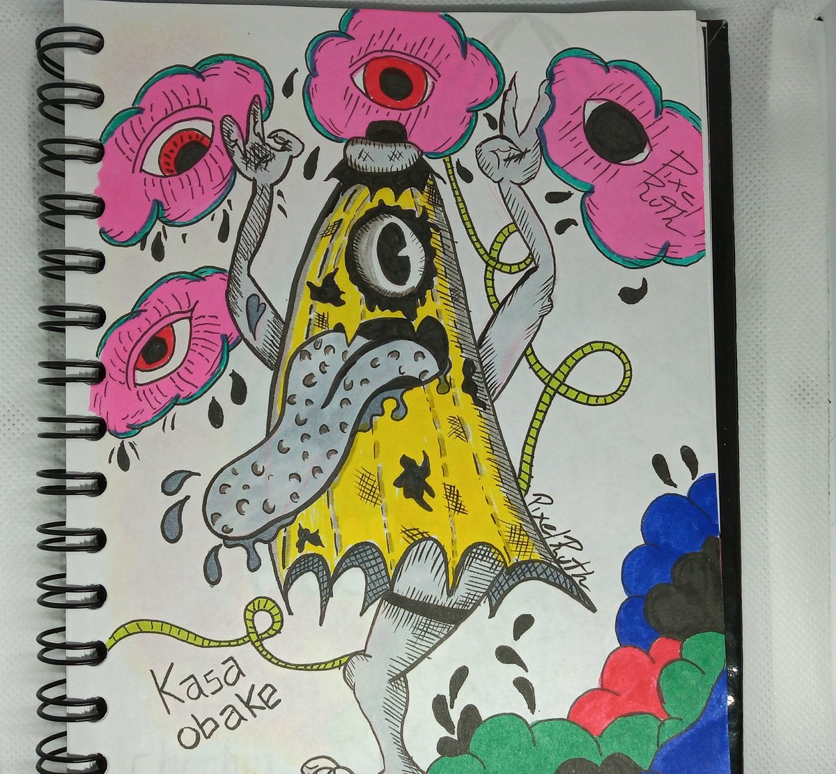 PixelRuthArt's tweet photo. Pues este año el tema del #Inktober anda raro xD así que decidí hacer mi #yokaitober  para aprovechar que ando pensando en hacer nuevos stickers para pegar en la calle, empezamos el día 1 con kasa-obake el paraguas de 100 años uwu #StreetArt #urbanart #stickerslap https://t.co/UBn48odquX