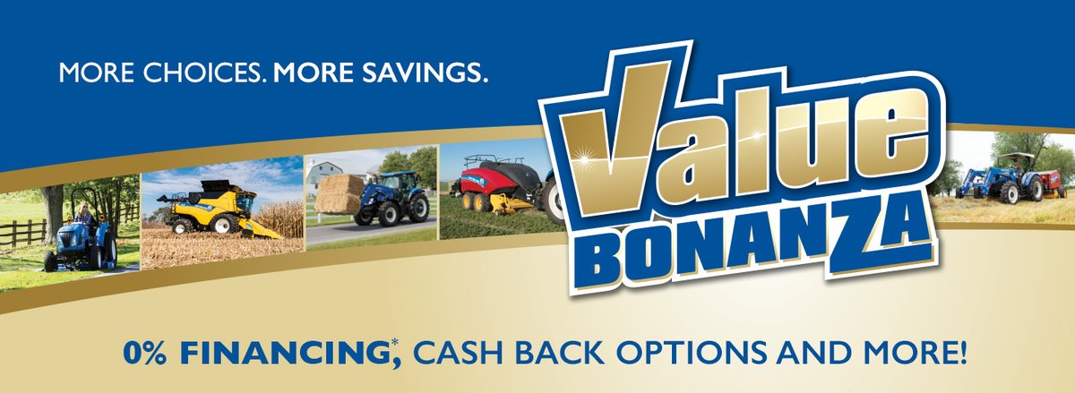 NHAgriculture's tweet image. It's the start of New Holland's Value Bonanza! You can save on select tractors, hay and forage products and material handling equipment too. Talk to your New Holland dealer or visit bit.ly/NHspecialOffers to learn more.