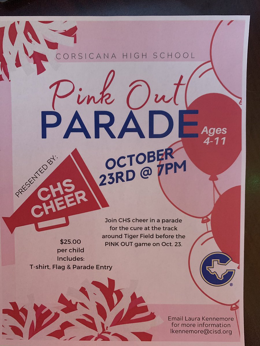 Hey y’all we are hosting our first Pink Out Parade!!💗This parade will feature all our little cheerleaders!! We will walk around the field before our Pink Out Game. #BreastCancerAwarenessMonth