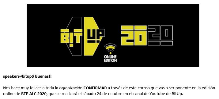 David_Uton's tweet image. Confirmado! seré ponente para la #Bitup2020 que se celebrará el 24 de octubre en #youtube de @bitupalicante. Un placer estar en esta CON rodeado de grandes profesionales. Gracias!