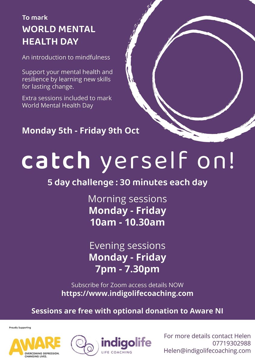 AWARE (@awareni) on Twitter photo Next week, AWARE Board Member Helen McDonnell of Indigo Life Coaching will be running free Mindfulness sessions via Zoom! The sessions are free and will provide an introduction to Mindfulness and its benefits💛💜 indigolifecoaching.com/5-day-challeng… #BelfastHour <a href="/BelfastHourNI/">#BelfastHour</a> <a href="/walkitoffni/">walkitoffni 🇺🇦 #StandwithUkraine 💙 🇵🇸 she/her</a> Next week, AWARE Board Member Helen McDonnell of Indigo Life Coaching will be running free Mindfulness sessions via Zoom! The sessions are free and will provide an introduction to Mindfulness and its benefits💛💜 indigolifecoaching.com/5-day-challeng… #BelfastHour <a href="/BelfastHourNI/">#BelfastHour</a> <a href="/walkitoffni/">walkitoffni 🇺🇦 #StandwithUkraine 💙 🇵🇸 she/her</a>