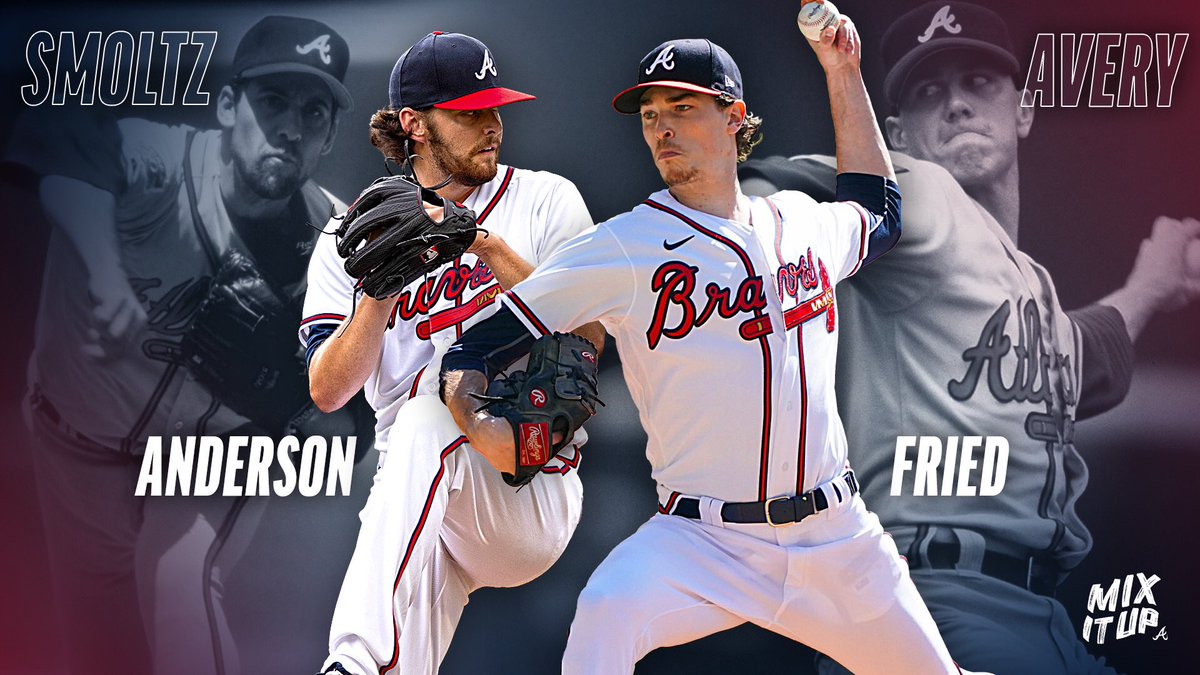 Braves's tweet photo. Max Fried and Ian Anderson are the first #Braves teammates with back-to-back scoreless starts in the playoffs since Steve Avery and John Smoltz in Game 6 and Game 7 of the 1991 NLCS versus Pittsburgh.

#MixItUp https://t.co/lCAuCEeakO