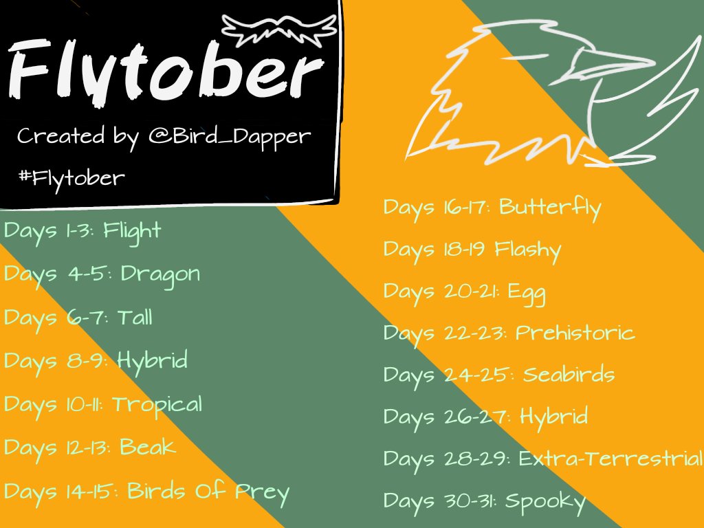 bird_dapper's tweet photo. I made a drawing prompt. The focus is on winged creatures, primarily birds. 
I really hope this name wasn't taken already. Anyway, yeah.
#flytober https://t.co/SgjtmbkM1t