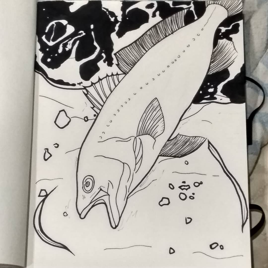 Meridessins's tweet photo. ¡Vamos allá con el #inktober2020 !, este año estoy siguiendo la lista oficial, el primer tema para dibujar ha sido: Pescado.
Lo primero que me ha venido a la mente al leerlo son esas imágenes de contaminación en el  mar y los seres vivos que viven en el muertos en la orilla... https://t.co/nnYFx6PBN5