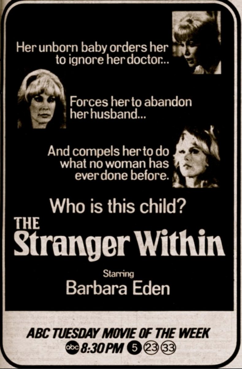 Day 1 of  #31DaysofTeleTerror: On this day in 1974, Barbara Eden starred in the classic supernatural TVM The Stranger Within. It was written by Richard Matheson, based on his own short story, Trespass. In some ways it's a subtle (or maybe not so subtle) look at pregnancy anxiety.