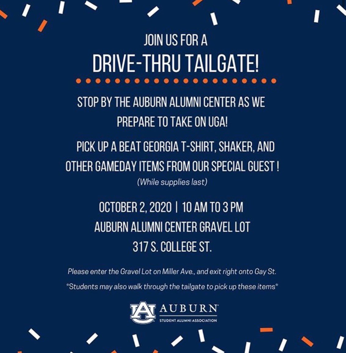 Students, join us tomorrow at the Auburn Alumni Center for a drive-thru tailgate event to get ready for the UGA game!! The event will take place from 10am-3pm! We can’t wait to see you there! 🦅🧡💙 #BeatWeek2020 #BeatGeorgia #WarEagle