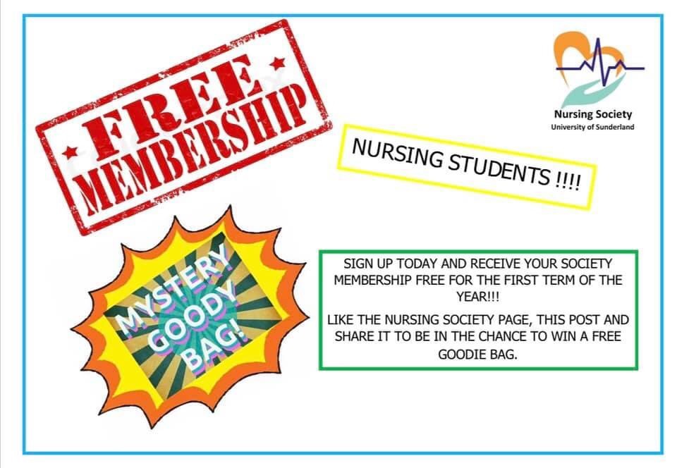 UoS Nursing Students, the Nursing Society is currently offering free membership. Also to win a free goody bag worth £60 simply sign up to the society, follow our page on Instagram or Facebook & like & share the comp post. The Winner will be announced on Monday 5th Oct Good luck