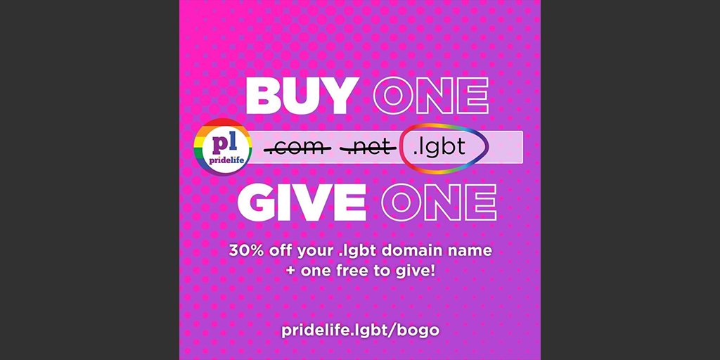 @nglcc partnered up with @pridelife_dwd, @NGLCC is excited to create a Buy One, Give One program on new .LGBT domain names. 

Get all the details at pridelife.lgbt/bogo and use the coupon code: NGLCCGIVE #domainswithdiversity