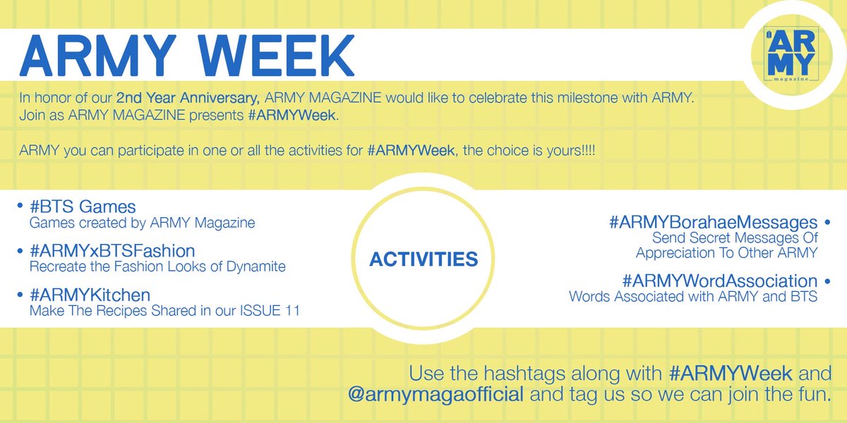 ARMYMAGofficial's tweet photo. #๐๐๐๐๐๐๐ ๐ช๐๐๐
Join our #ISSUE11 #ForARMY & #ARMYMAGAZINE's 2nd Year Anniversary celebration by participating in our #ARMYWeek!
Join our #AMxBTSFashion #BTSGAMES by recreating @BTS_twt #Dynamite looks from our Fashion Article!๐๐ฝ
๐https://t.co/zoc0TYK3Dv
#๋ฐฉํ์๋
๋จ https://t.co/GhyMc5j4PD
