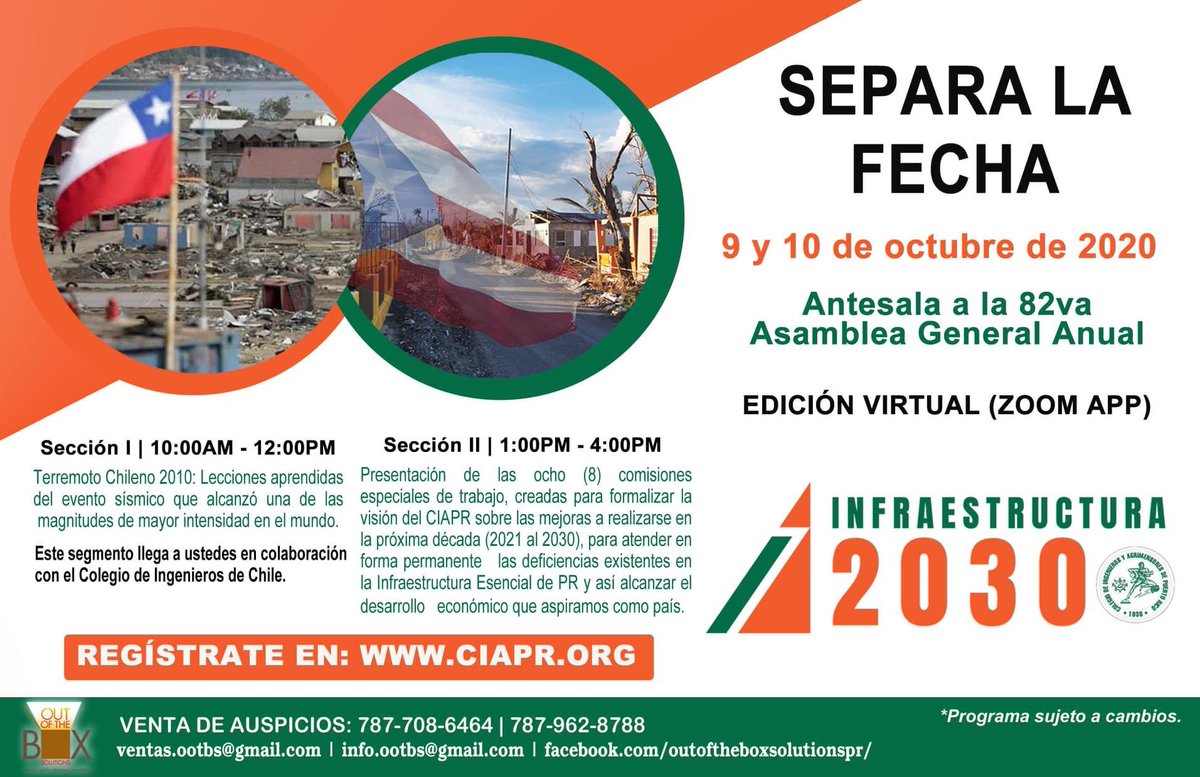 El próximo viernes, 9 de octubre y sábado, 10 celebraremos la edición virtual de la 82va Asamblea General Anual. Contaremos con dos secciones con temas de vanguardia atados a las realidades de la infraestructura de nuestro País.

Para registro ciapr.org

#CIAPR