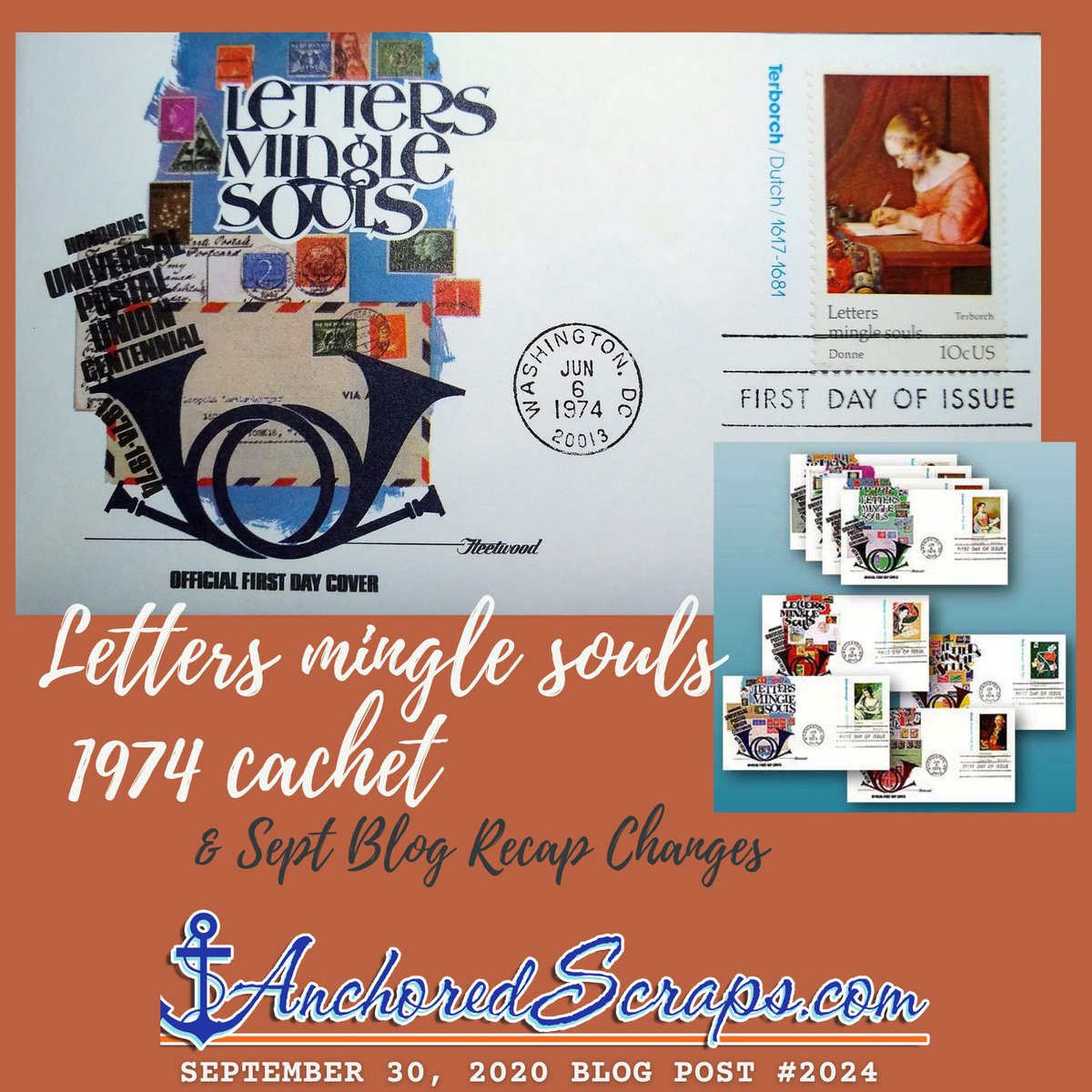 HelensStudio's tweet image. My @AnchoredScraps blog post #2024 on Letters mingle souls 1974 cachet from Famous Works of Art stamp series celebrating Universal Postal Union Centennial Anniversary &amp;amp; Sept blog recap changes @APS_stamps @USPS Mystic Stamp anchoredscraps.com/2020/09/letter… #letterwriting #stampcollecting