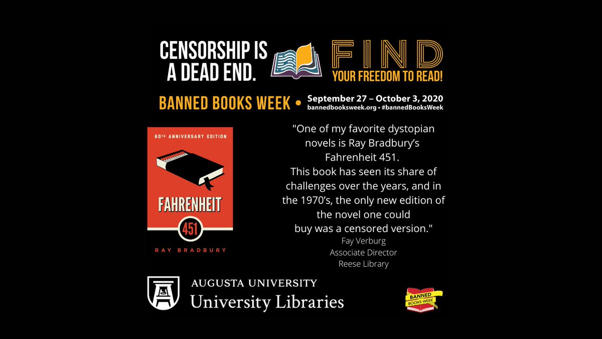 AUG_Libraries's tweet photo. This week the Augusta University Libraries are celebrating #BannedBooksWeek. As part of our celebration, here are some of our faculty and staff’s favorite banned books! #AugustaUniversityLibraries #AugustaUniversity https://t.co/rMIdJ4Dohr
