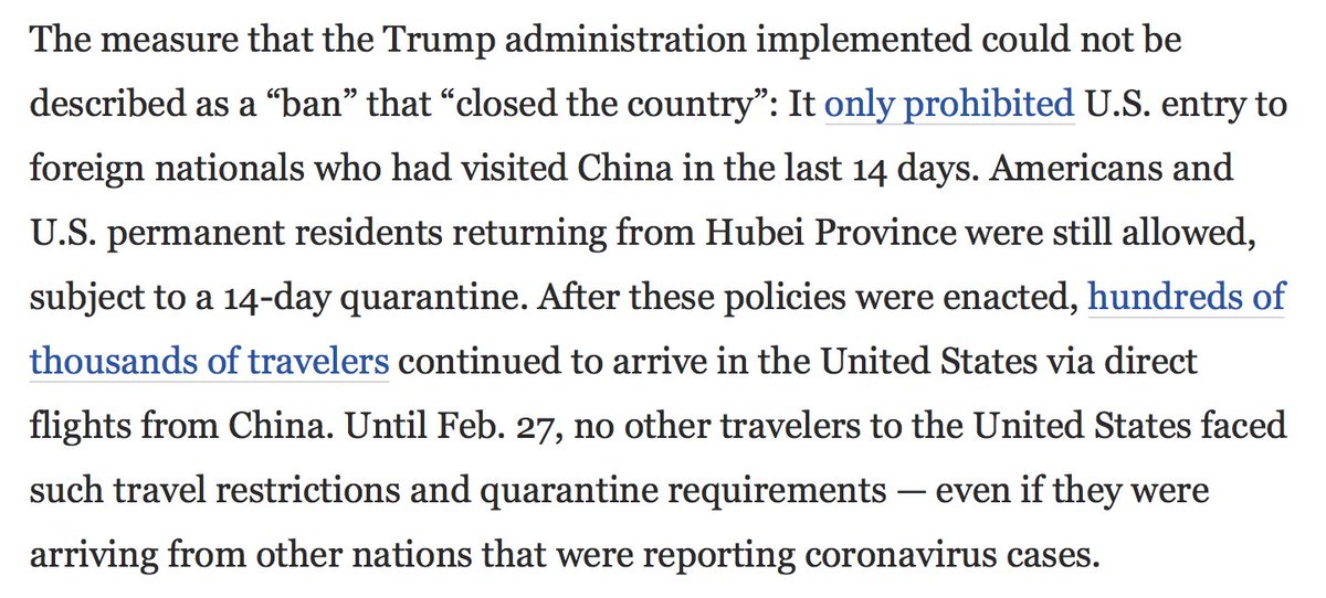 The measure that Trump administration implemented on Feb. 2 cannot be described as a “ban" that "closed the country" 4/ https://www.washingtonpost.com/outlook/2020/10/01/debate-early-travel-bans-china/