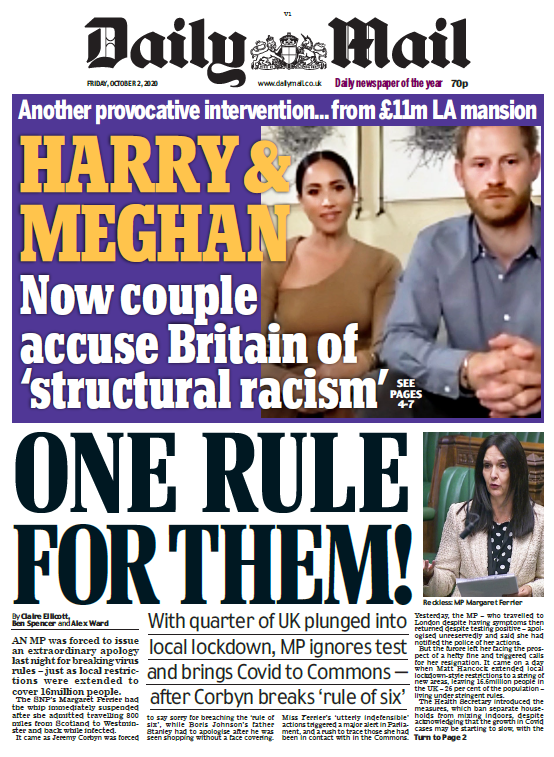 Friday's Mail: "One rule for them!" #BBCPapers #TomorrowsPapersToday