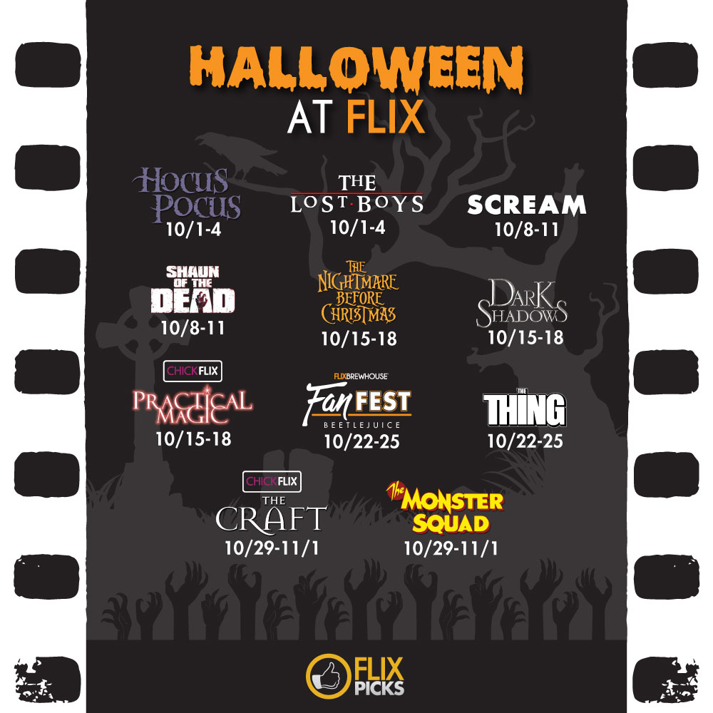 FlixOkc's tweet photo. This October at Flix -- witches be crazy, vampires invade America, Jack Skellington discovers Christmas, and a virgin lights a candle. It's just a bunch of hocus pocus... and we wouldn't have it any other way! 🎃 Get showtimes: https://t.co/cxhJjxZz8C https://t.co/XEJdLHUJI4