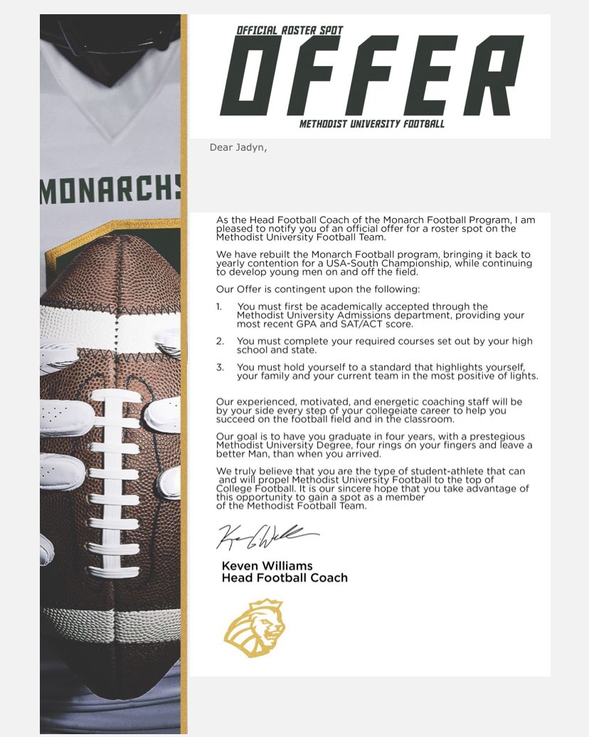 After a call with <a href="/CoachDwill9/">Derrick Williams</a> I’m honored &amp; blessed to say I’ve received a offer from Methodist University! @CoachScottMU