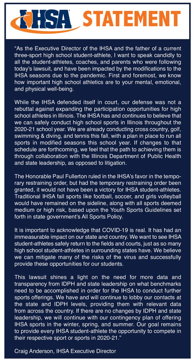 #IHSA Executive Director Craig Anderson released the following statement after Thursday's TRO hearing in DuPage County Circuit Court.

🔗 Full Statement➡️ihsa.org/News-Media/Ann…