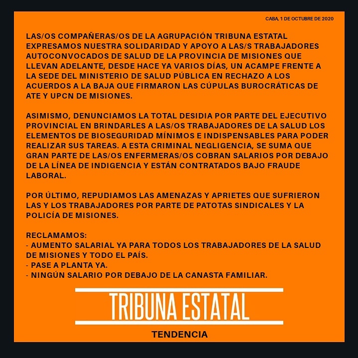 TE_Tendencia's tweet photo. Toda nuestra solidaridad y a poyo a las/os trabajadores autoconvocados de la salud de la Provincia de Misiones https://t.co/dQ8SHoeiL1