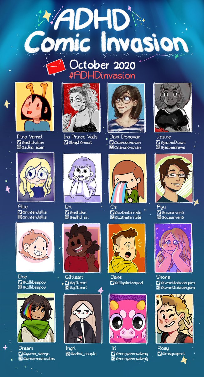 ADHD_Alien's tweet image. Hey!! We have something AWESOME for you this ADHD Awareness month!! 15 amazing artists have created comics about their very personal experiences with ADHD to bring youuuuuuu
The #ADHDInvasion✨!! Their work will be posted throughout October, please show them a LOT of love :)